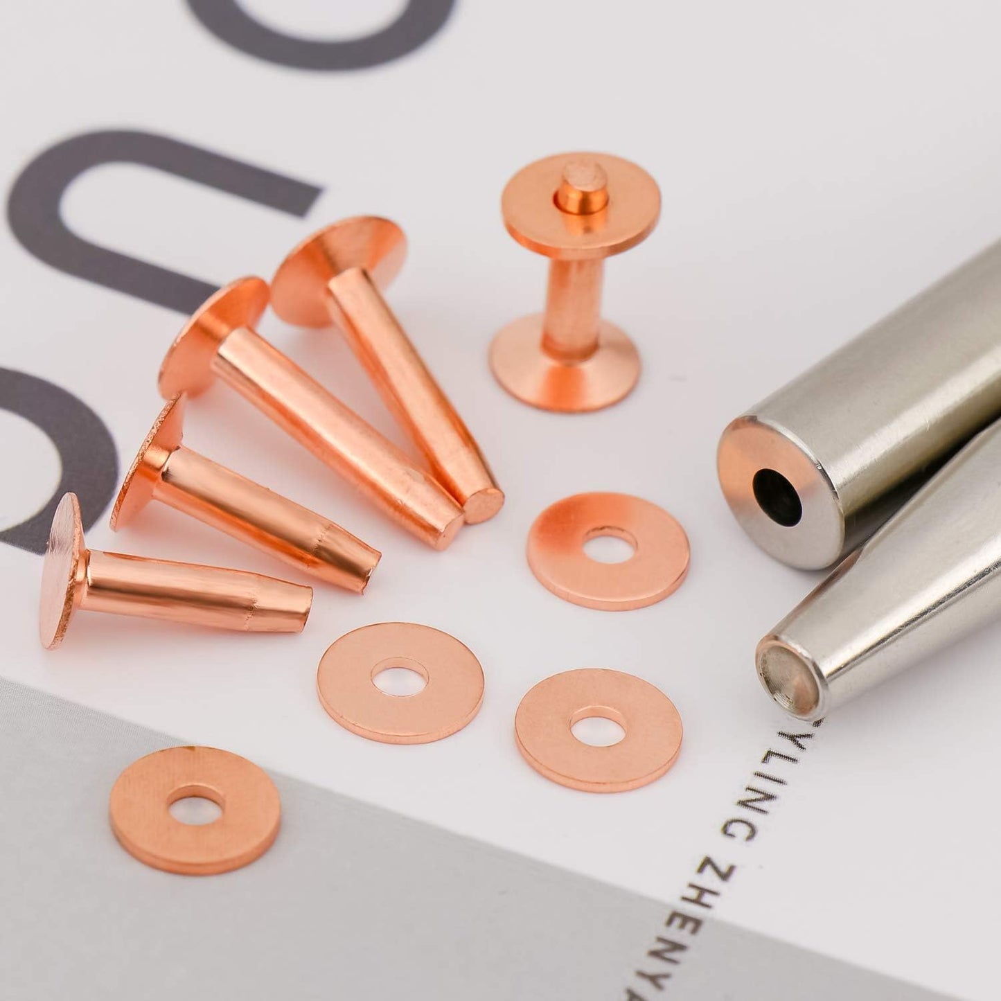 SelfTek 20Pack Copper Rivets and Burrs (14mm and 19mm) with 2Pcs Punch Rivet Tool for Belts, Bags, Collars, Leather-Crafting, Bracelets