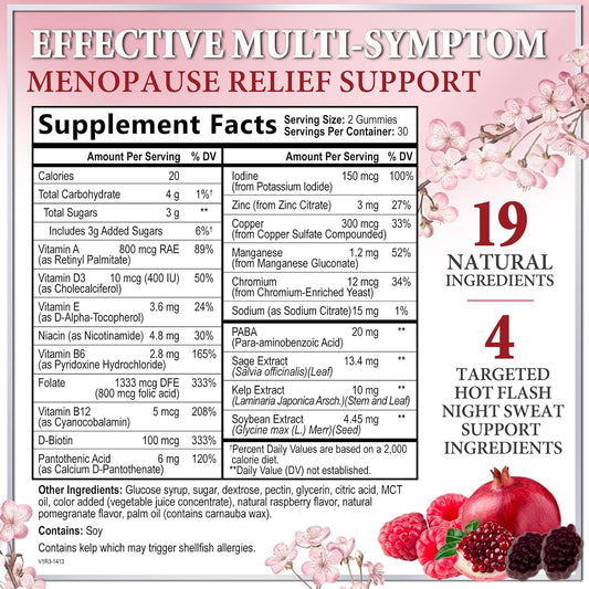 Menopause Supplements for Women, Multi-Symptom Menopause Relief Gummies for Women with PABA & Sage Extract, Meno and Perimenopause Female Night Sweats & Hot Flashes Support, Hormone-Free - 60 Gummies