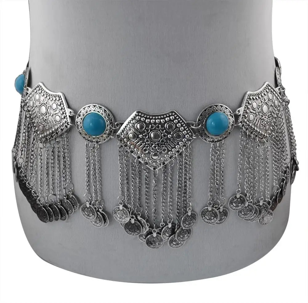 Vintage Alloy Coins Long Tassel Waist Belly Chains Turkey Gypsy Boho India Afghan Ethnic Dance Clothing Belt Hippie Body Jewelry - Jerusalem Heart 