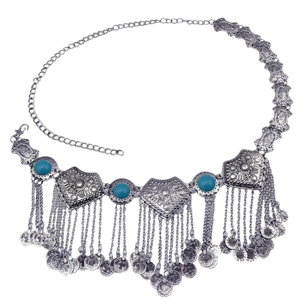 Vintage Alloy Coins Long Tassel Waist Belly Chains Turkey Gypsy Boho India Afghan Ethnic Dance Clothing Belt Hippie Body Jewelry - Jerusalem Heart 