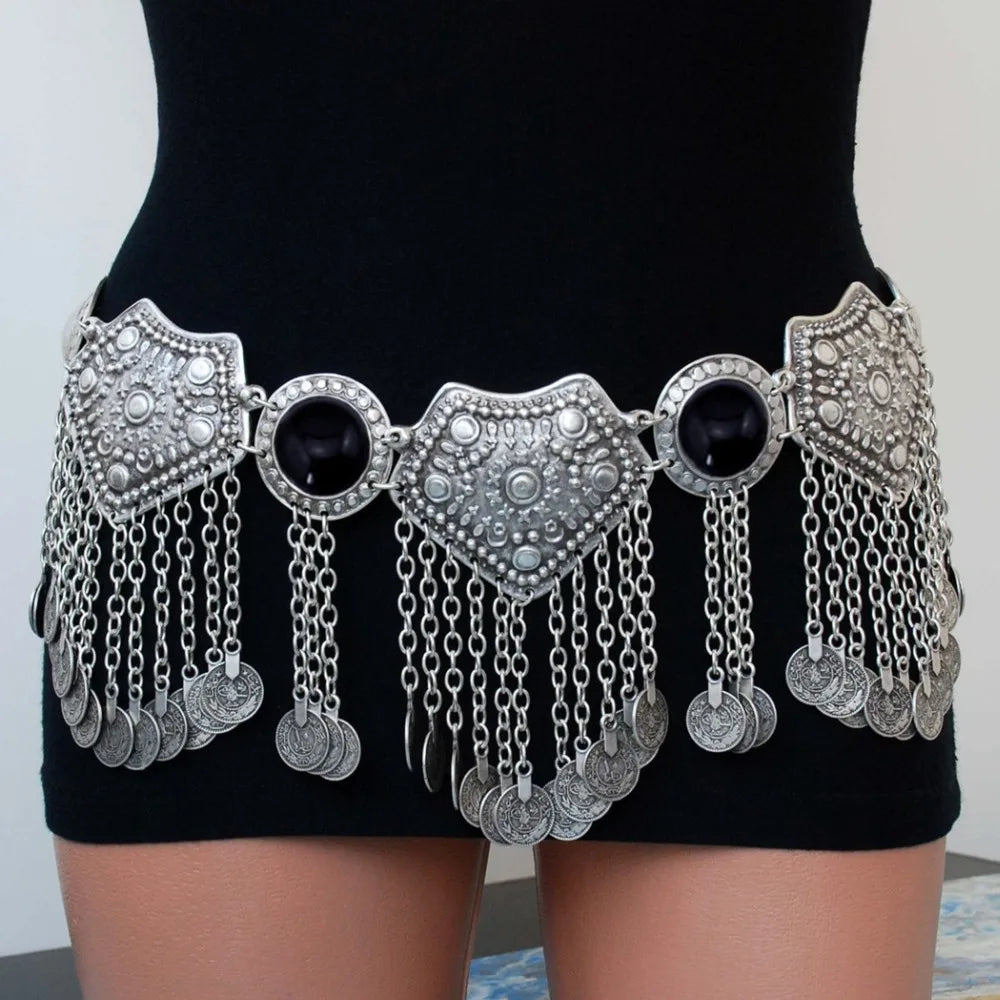 Vintage Alloy Coins Long Tassel Waist Belly Chains Turkey Gypsy Boho India Afghan Ethnic Dance Clothing Belt Hippie Body Jewelry - Jerusalem Heart 