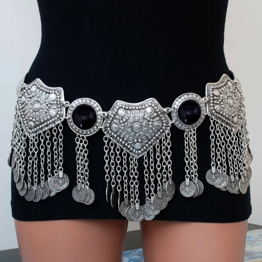 Vintage Alloy Coins Long Tassel Waist Belly Chains Turkey Gypsy Boho India Afghan Ethnic Dance Clothing Belt Hippie Body Jewelry - Jerusalem Heart 