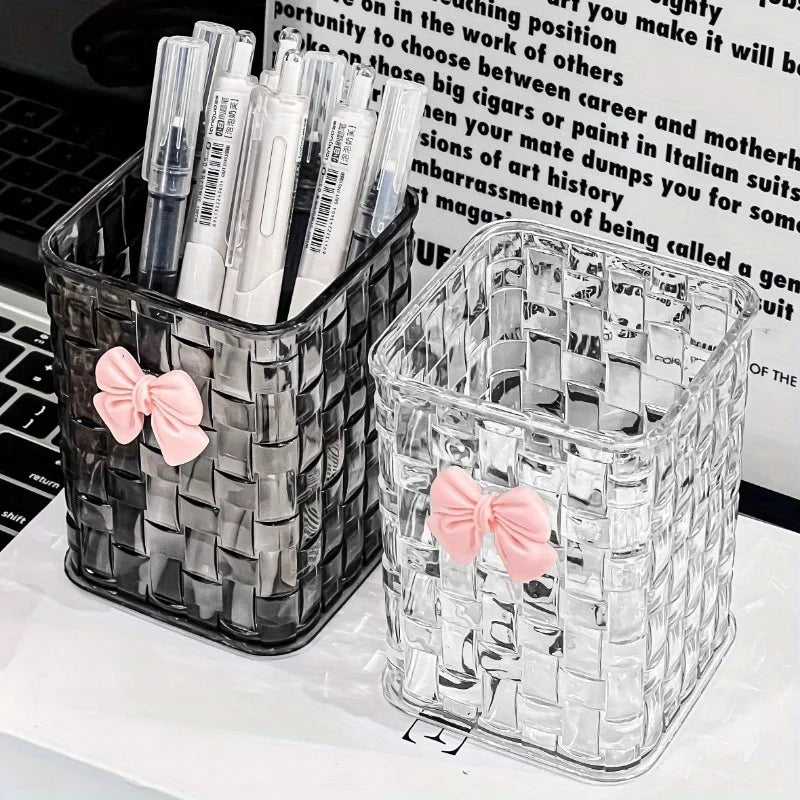 1pc Clear Acrylic Desk Organizer with Bow Accent-Durable Pen Holder and Storage Basket for Office Supplies,Pens,and Accessories - Jerusalem Heart 