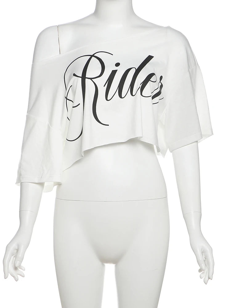 Nibber Loose Letter Print Mini t-Shirt Women Summer Trend Biased Collar Versatile Street Skinny Simple Classic Party Daily Tops - Jerusalem Heart 