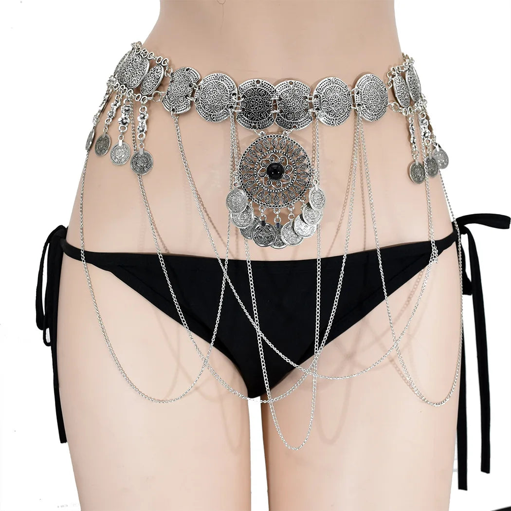 Vintage Alloy Coins Long Tassel Waist Belly Chains Turkey Gypsy Boho India Afghan Ethnic Dance Clothing Belt Hippie Body Jewelry - Jerusalem Heart 