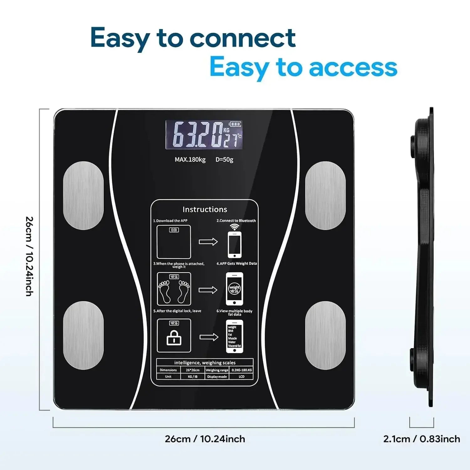 Bluetooth body fat scale, charging version, weight scale, bathroom weight scale, intelligent digital body value detection - Jerusalem Heart 