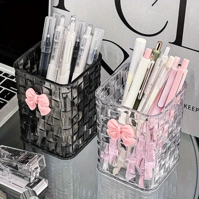 1pc Clear Acrylic Desk Organizer with Bow Accent-Durable Pen Holder and Storage Basket for Office Supplies,Pens,and Accessories - Jerusalem Heart 