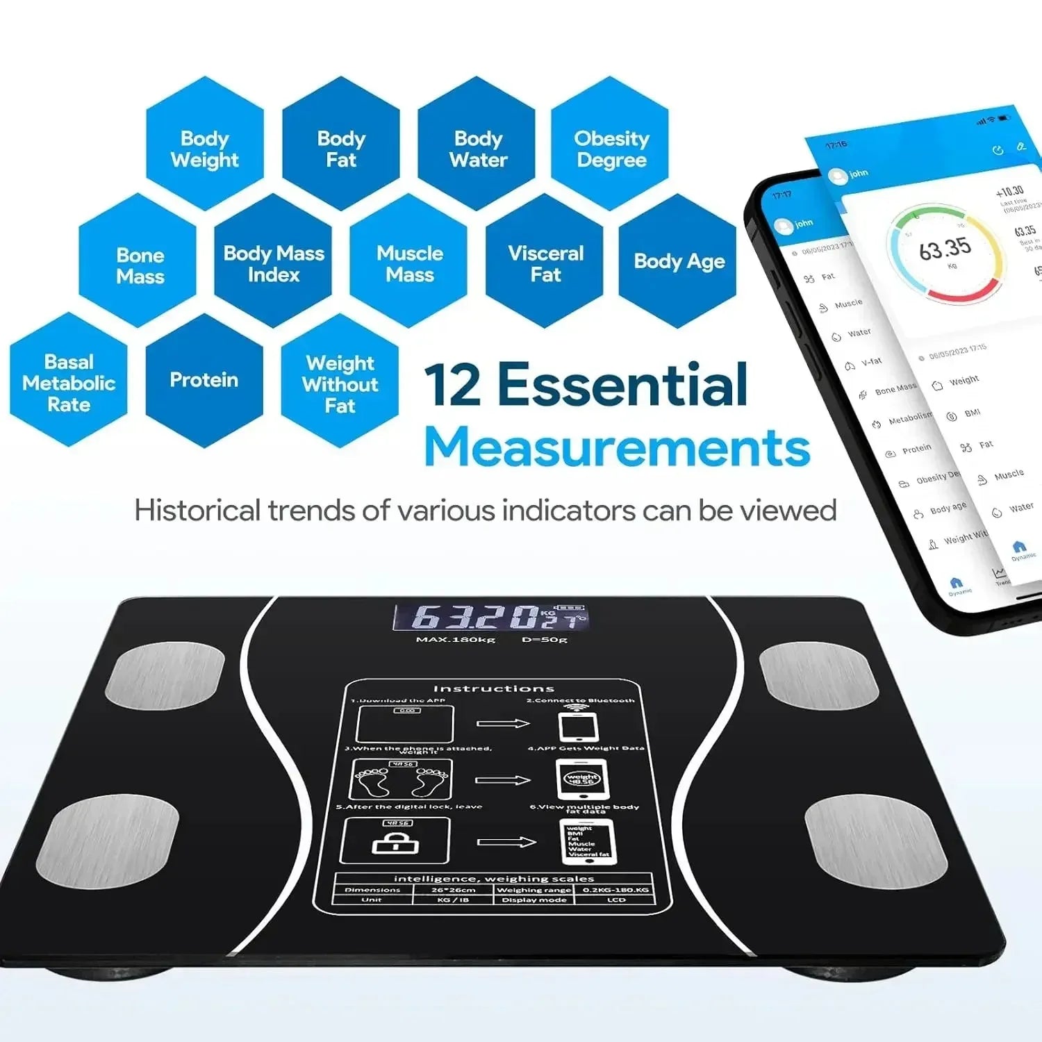 Bluetooth body fat scale, charging version, weight scale, bathroom weight scale, intelligent digital body value detection - Jerusalem Heart 