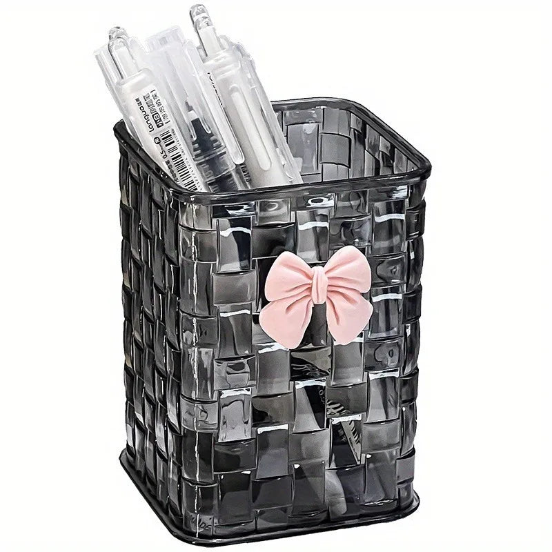 1pc Clear Acrylic Desk Organizer with Bow Accent-Durable Pen Holder and Storage Basket for Office Supplies,Pens,and Accessories - Jerusalem Heart 