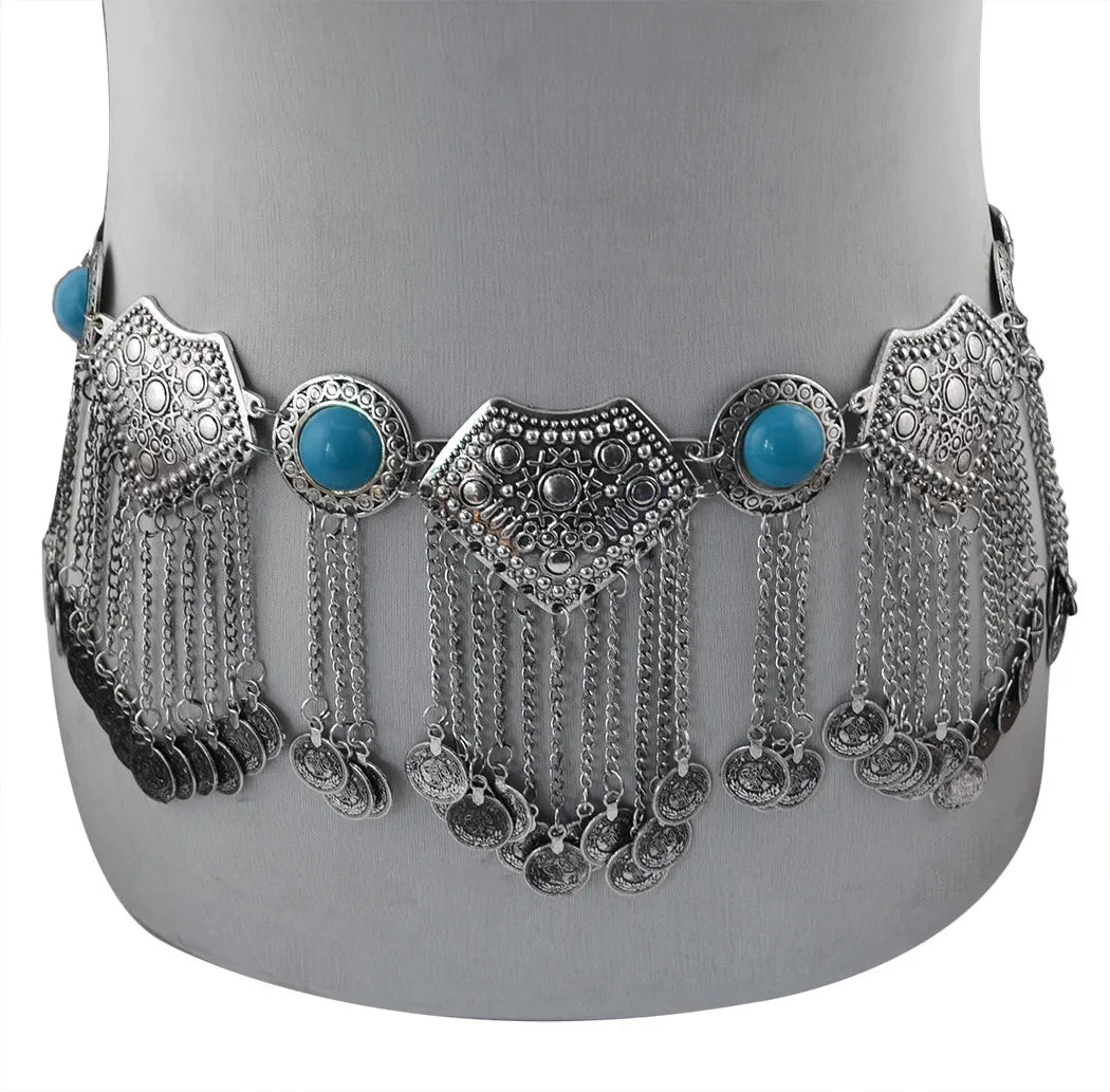 Vintage Alloy Coins Long Tassel Waist Belly Chains Turkey Gypsy Boho India Afghan Ethnic Dance Clothing Belt Hippie Body Jewelry - Jerusalem Heart 