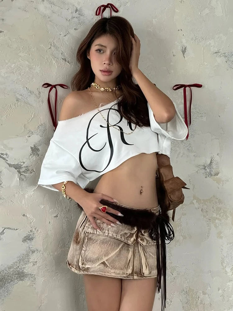 Nibber Loose Letter Print Mini t-Shirt Women Summer Trend Biased Collar Versatile Street Skinny Simple Classic Party Daily Tops - Jerusalem Heart 