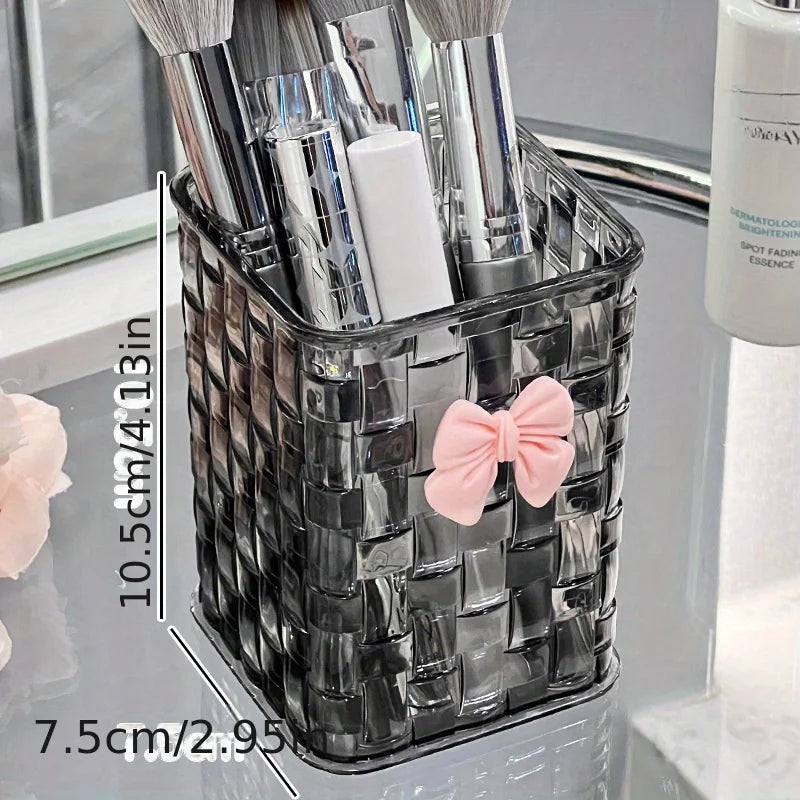 1pc Clear Acrylic Desk Organizer with Bow Accent-Durable Pen Holder and Storage Basket for Office Supplies,Pens,and Accessories - Jerusalem Heart 