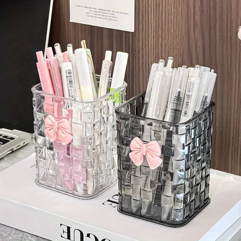 1pc Clear Acrylic Desk Organizer with Bow Accent-Durable Pen Holder and Storage Basket for Office Supplies,Pens,and Accessories - Jerusalem Heart 