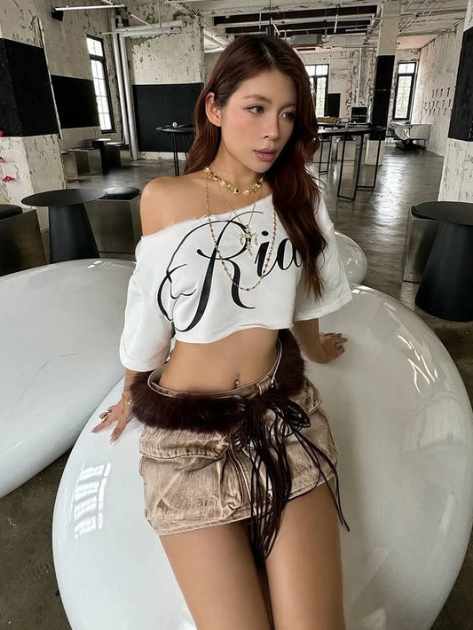 Nibber Loose Letter Print Mini t-Shirt Women Summer Trend Biased Collar Versatile Street Skinny Simple Classic Party Daily Tops - Jerusalem Heart 