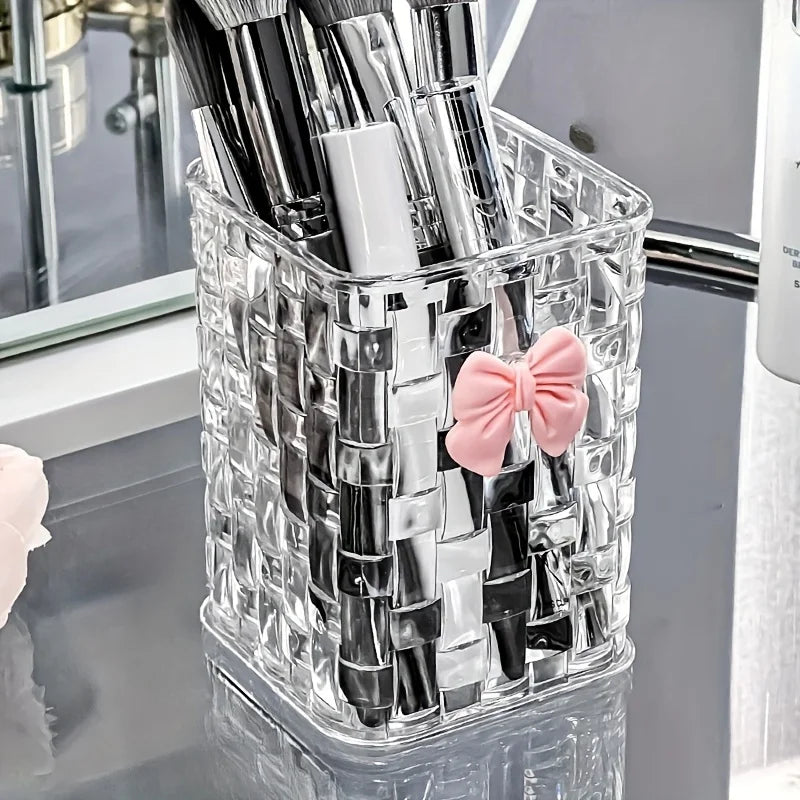 1pc Clear Acrylic Desk Organizer with Bow Accent-Durable Pen Holder and Storage Basket for Office Supplies,Pens,and Accessories - Jerusalem Heart 