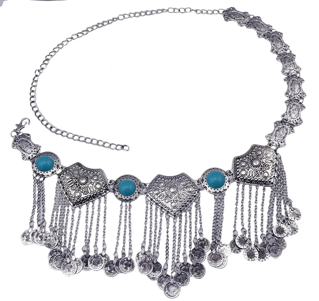 Vintage Alloy Coins Long Tassel Waist Belly Chains Turkey Gypsy Boho India Afghan Ethnic Dance Clothing Belt Hippie Body Jewelry - Jerusalem Heart 
