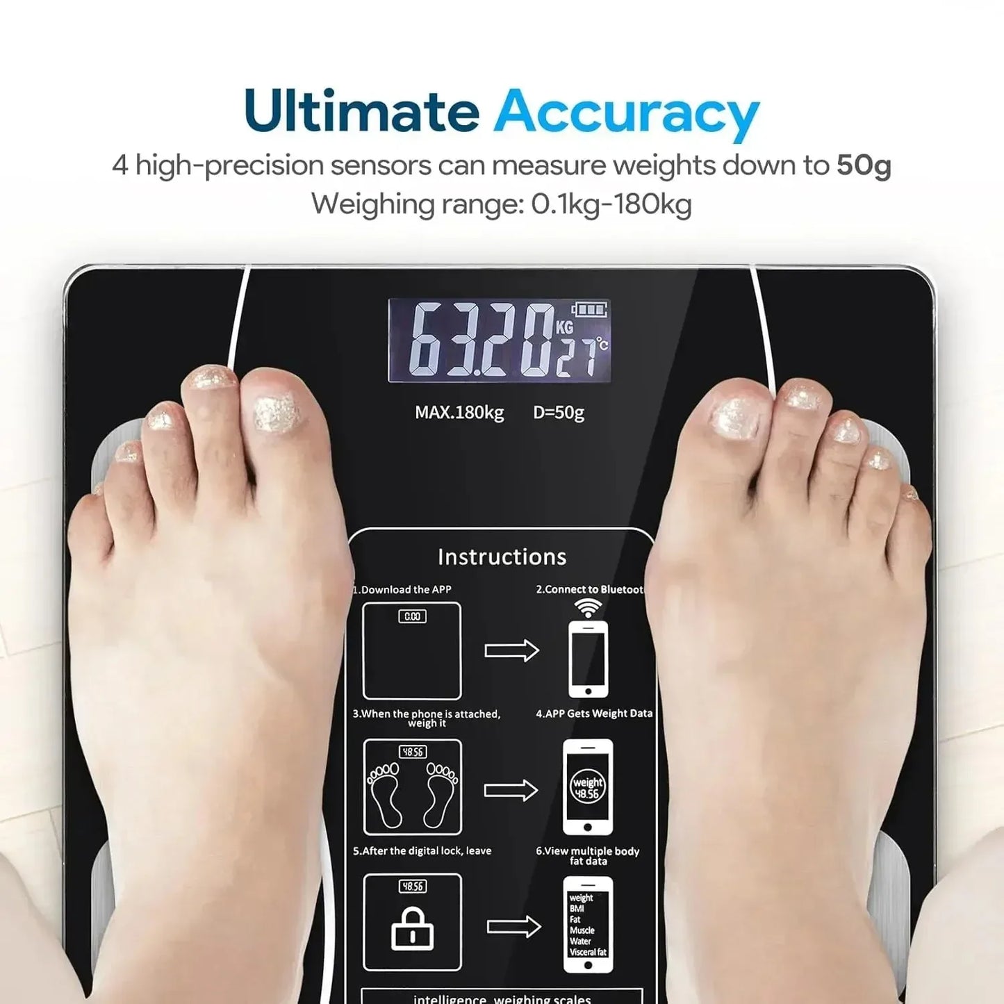 Bluetooth body fat scale, charging version, weight scale, bathroom weight scale, intelligent digital body value detection - Jerusalem Heart 